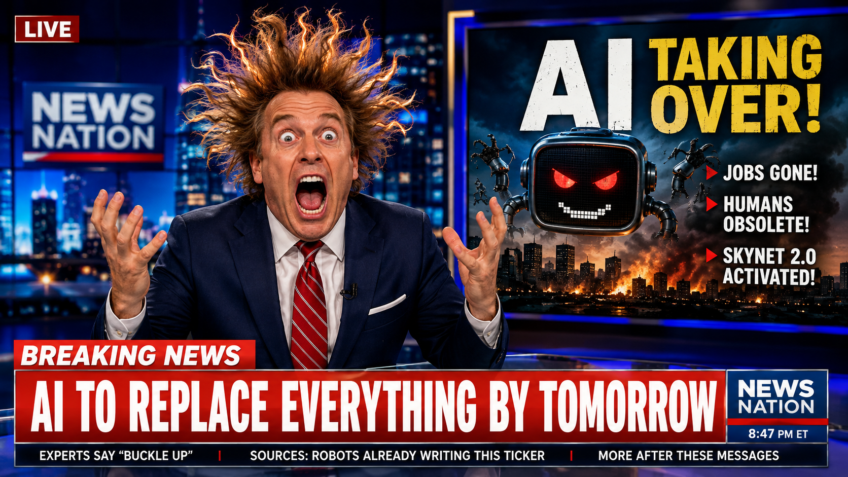 Satirical illustration of an over-the-top cable news anchor with wild hair reacting to an exaggerated AI doomsday headline